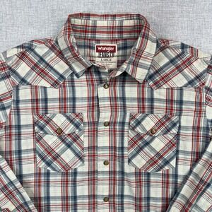 Wrangler Western Pearl Snap Shirt Men Large Red Blue Plaid Long Sleeve Cowboy